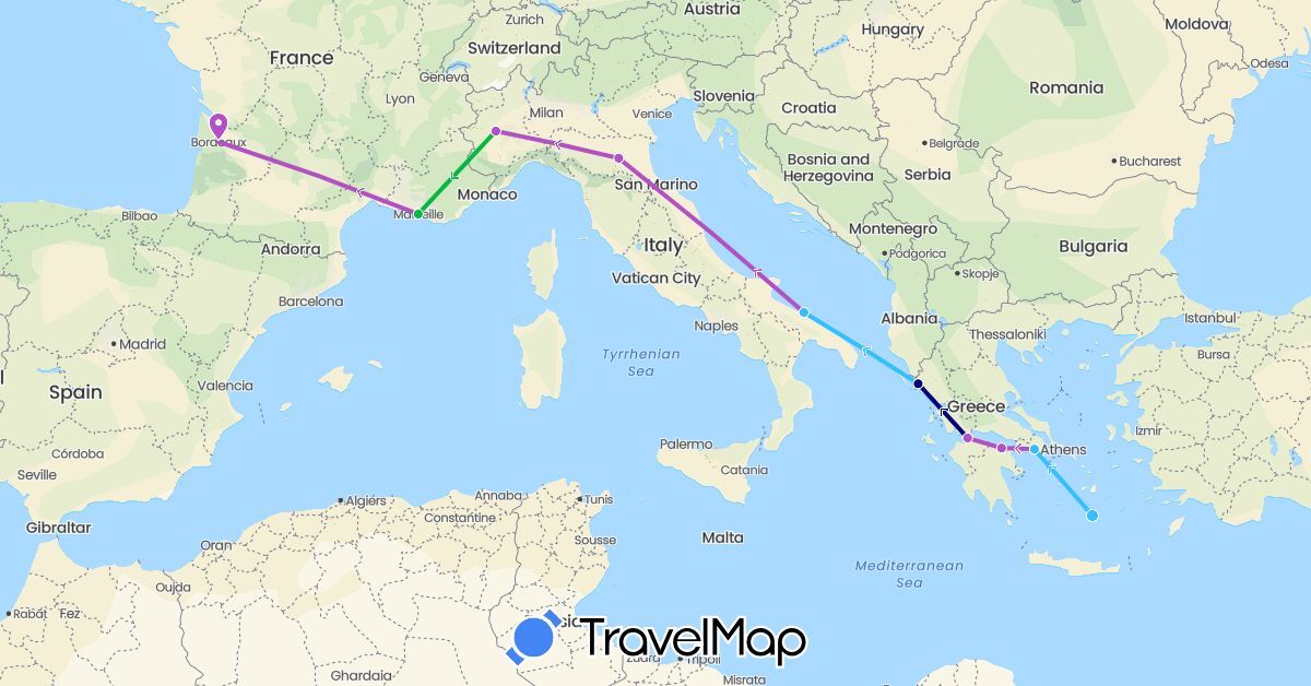 TravelMap itinerary: driving, bus, train, boat in France, Greece, Italy (Europe)